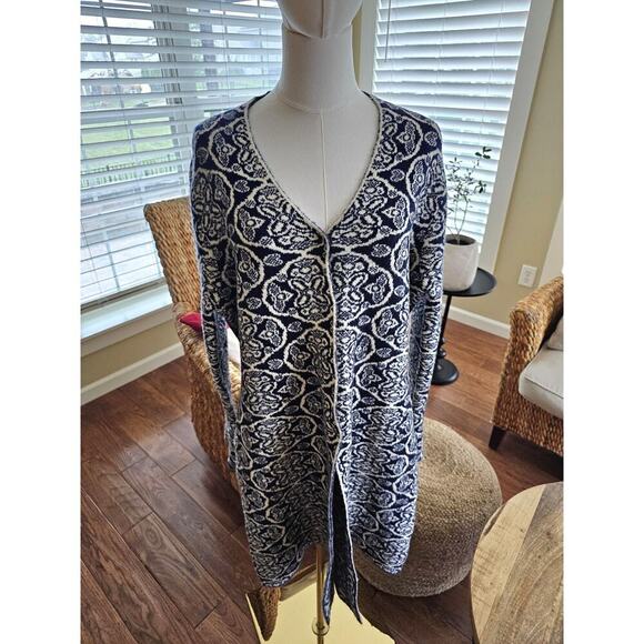 J Mclaughlin Soft Knit Cardigan Duster Women's Size L Navy Damask Cozy - Picture 1 of 14